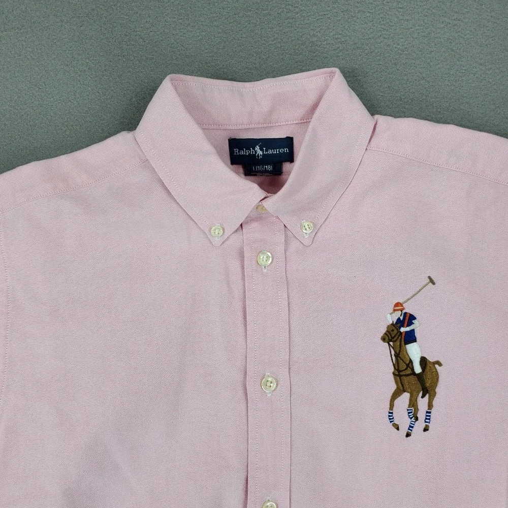 Ralph Lauren Button Up Shirt Kids L Pink Big Pony Oxford Long Sleeve L(16/18)